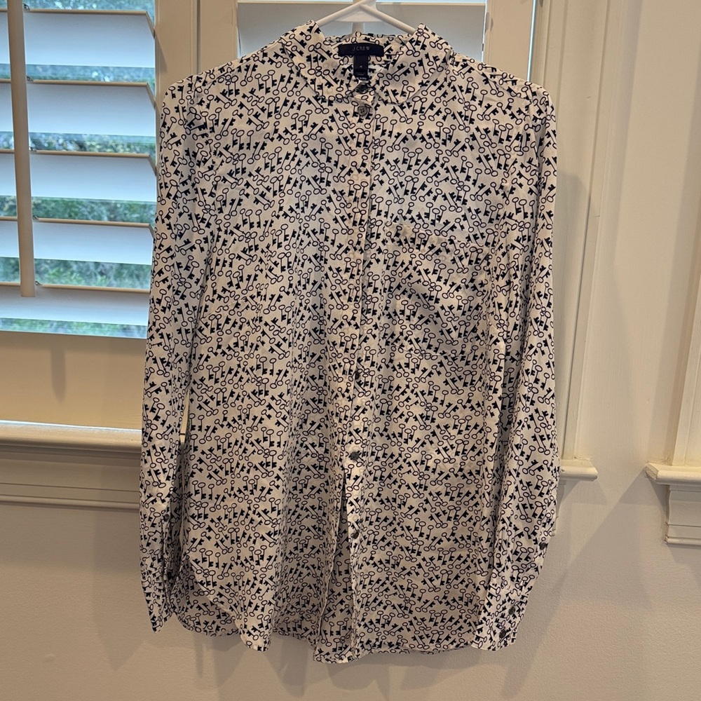 J. Crew Navy and White Key Pattern Silk Button Down Shirt Size 4